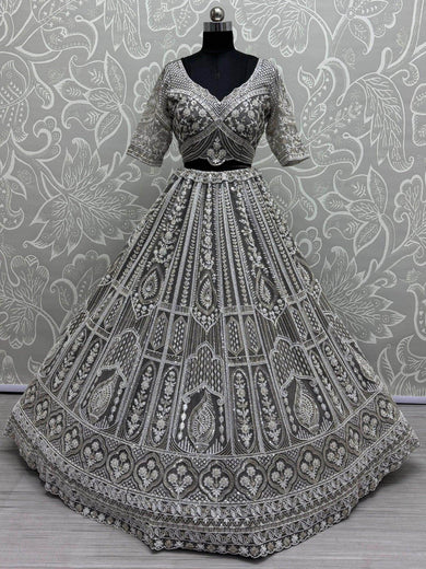 Fabulous Grey Sequins Net Reception Wear Lehenga Choli With Dupatta - Ethnic Plus In